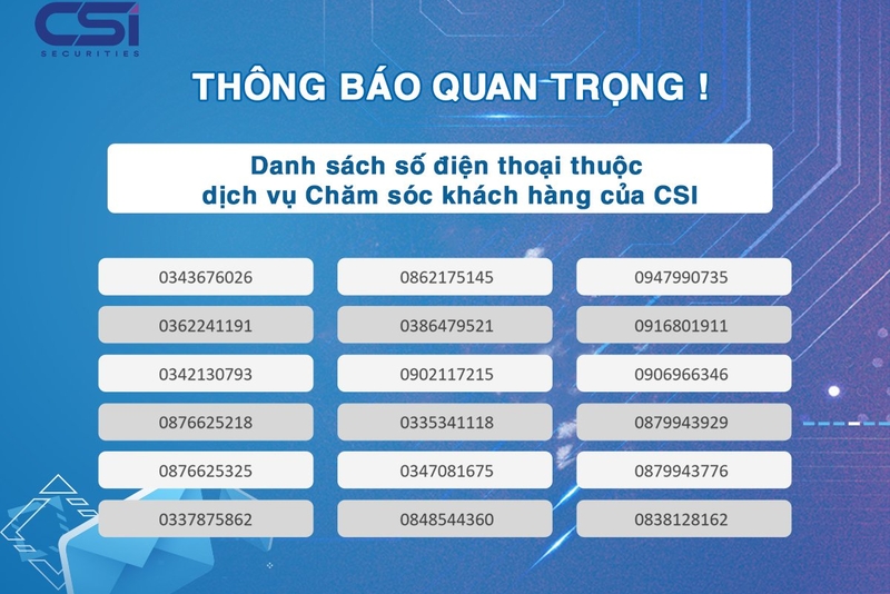 Thông báo Danh sách số điện thoại thuộc dịch vụ Chăm sóc khách hàng của CSI